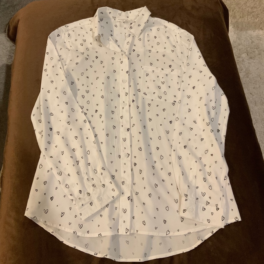Beach Lunch Lounge White L Long Sleeve Shirt with Black Hearts Cottagecore